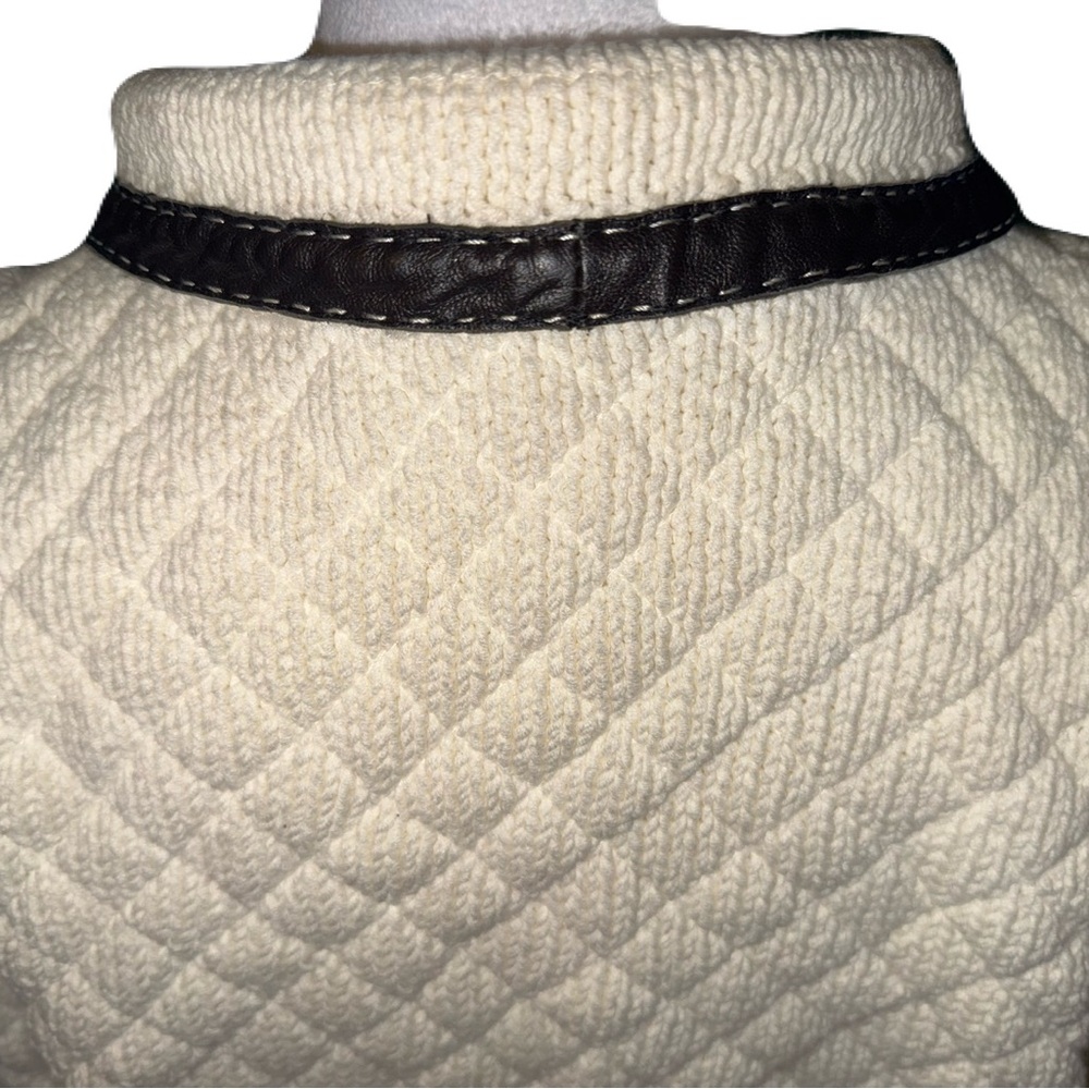 Vintage Doncaster Ivory Quilted Lined Sweater Jacket with Black Leather Trim - Picture 9 of 15